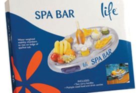 This floating refreshment Spa Bar is designed specifically for spas and hot tubs. Features water filled ballasts to enable the bar to sit stable on the spa edge or float steadily in the water. * Inflatable spa caddy. * Includes multiple food and drink cavities. * Features water weighted stability chambers. * Free-floats or anchors on the spa edge.