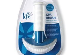 Designed for spas and hot tubs. Features soft bristles, curved shape to brush out the contoured shapes of a spa interior and rubber edges to prevent damage to the spa surface.