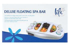 This Deluxe Spa Bar has a large storage center section with food cover. Features six beverage holders with color selection so everyone can keep track of their drink. The buoyant design means that the Deluxe Spa Bar won't tip over as soon as you hold your drink. Dimensions: 16.68" (L) x 16" (W)